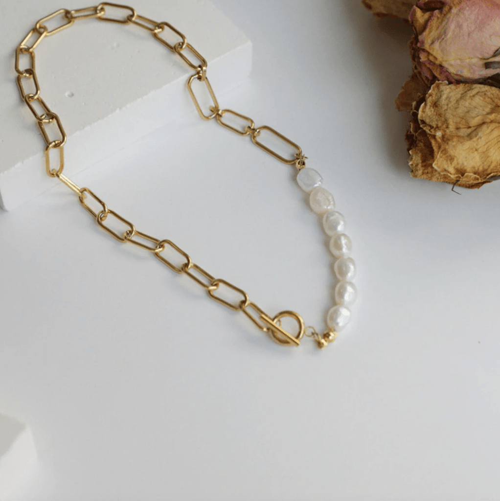 melomelo Beaux - Half Pearl Half Link Chain Necklace