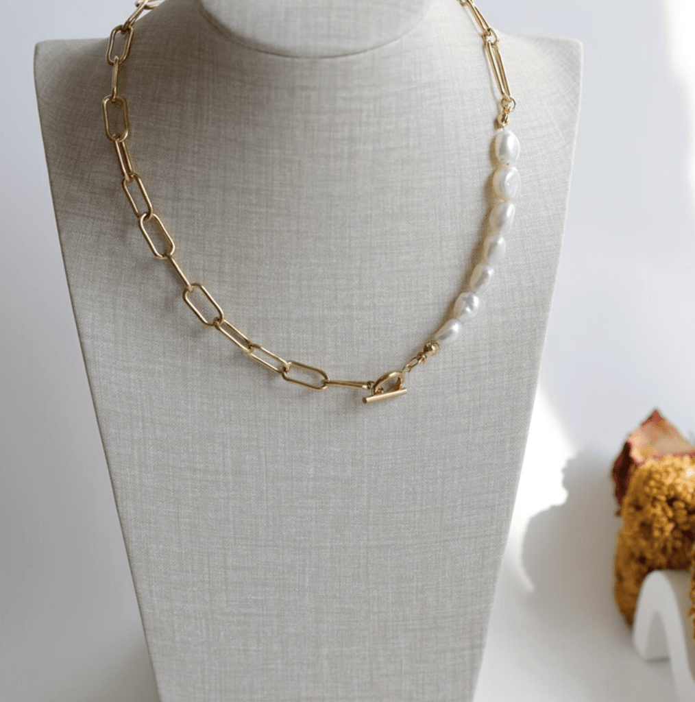 melomelo Beaux - Half Pearl Half Link Chain Necklace