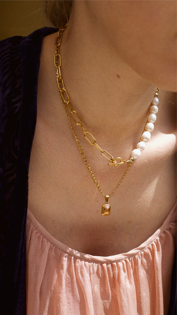 melomelo Beaux - Half Pearl Half Link Chain Necklace