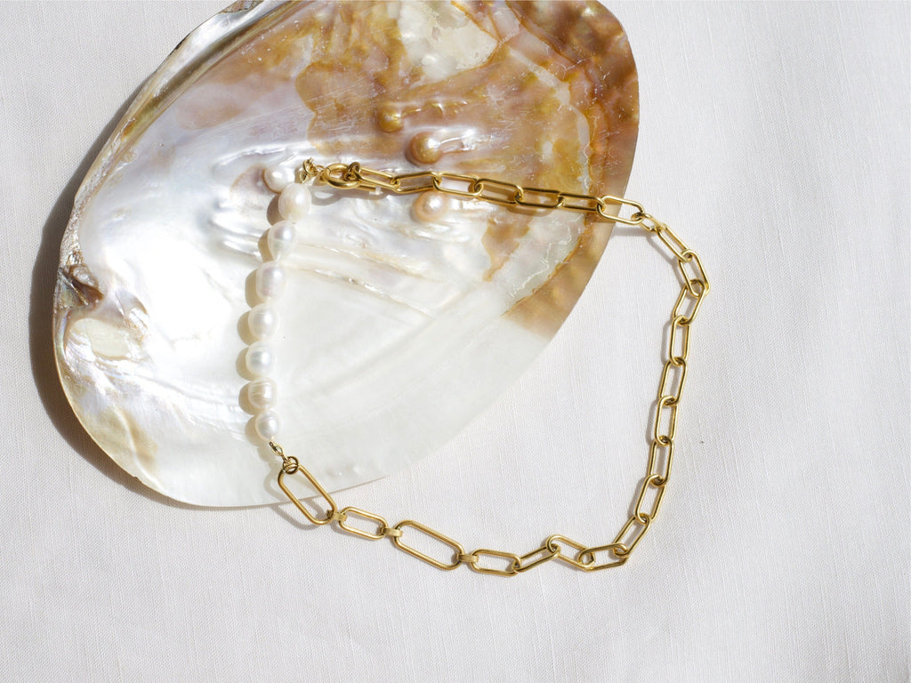 melomelo Beaux - Half Pearl Half Link Chain Necklace