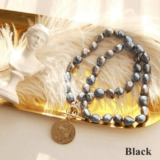 melomelo Black Roman Coin Pearl Necklace