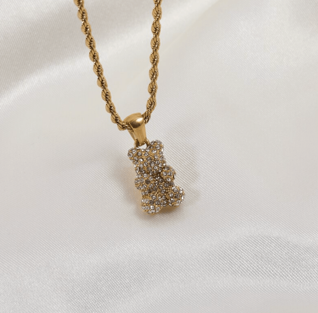 melomelo Clear Tam - Encrusted Teddy Bear Sparkle Charm Necklace