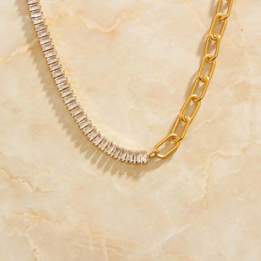 melomelo Gold Half Crystal Half Chain Toggle Necklace