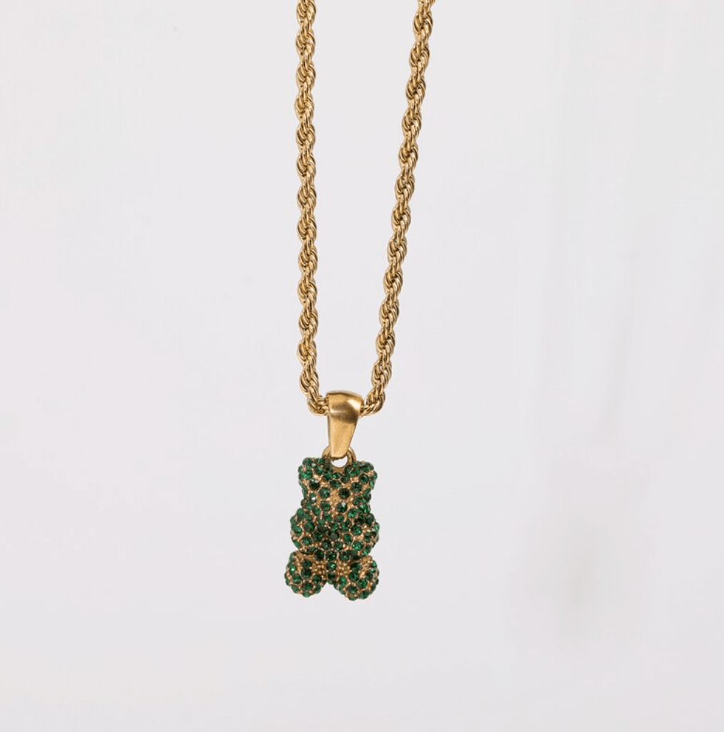 melomelo Green Tam - Encrusted Teddy Bear Sparkle Charm Necklace