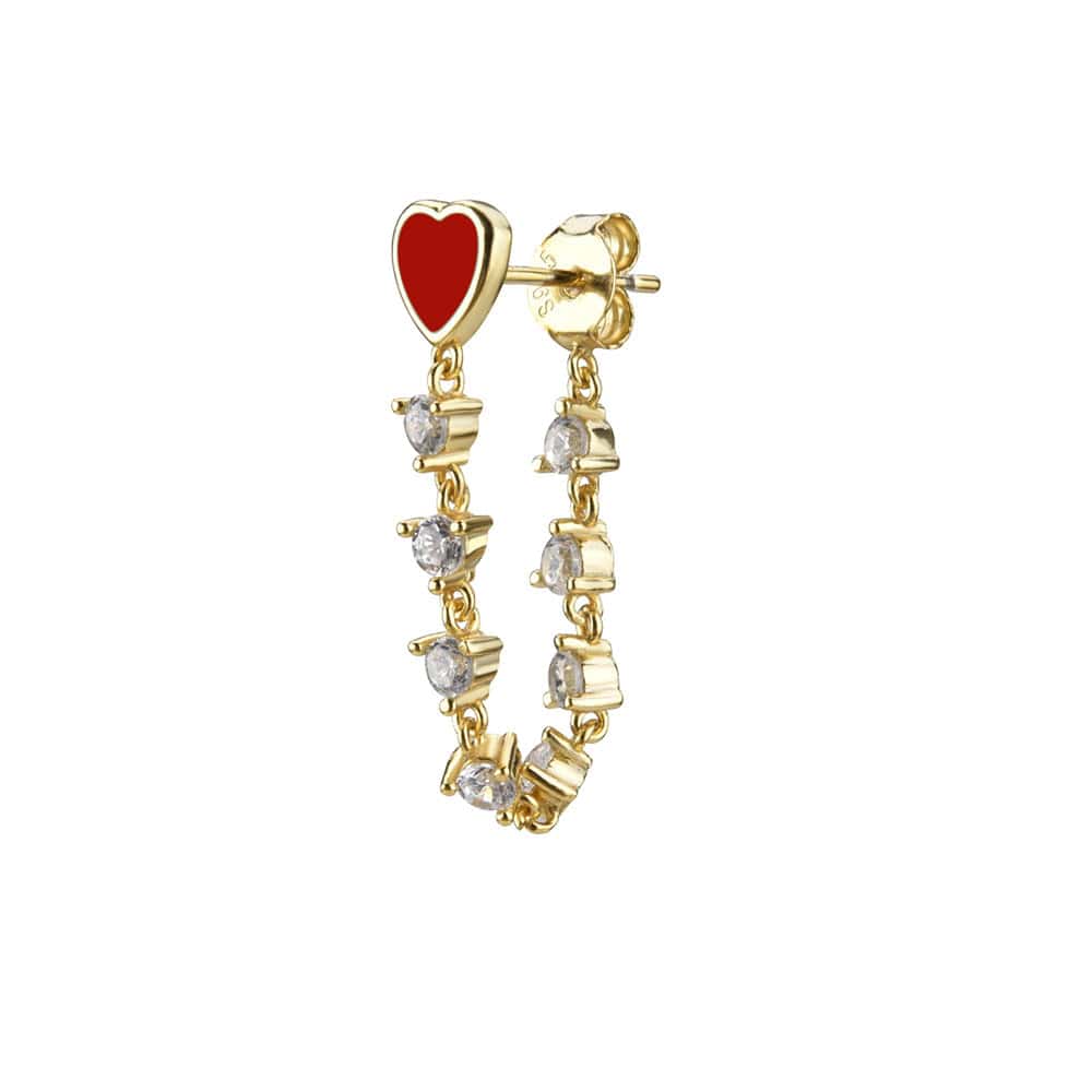 melomelo Heart - Red (1pcs) Romochka - Emaille Heart & Pearl Tassel Chain Stud Earrings