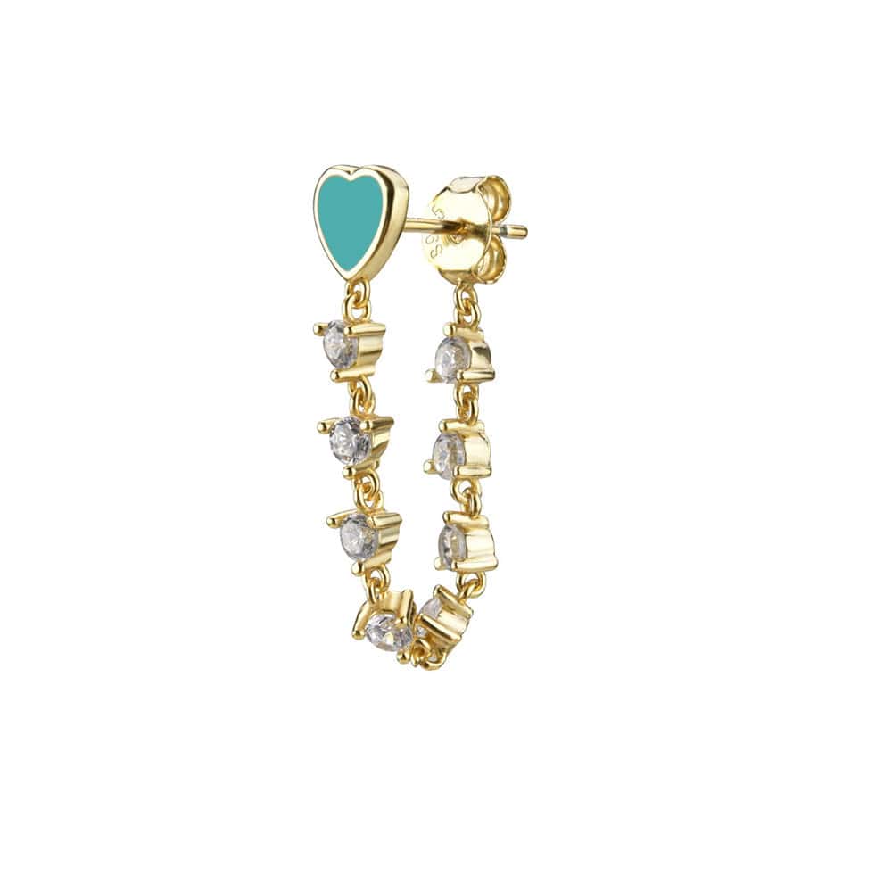 melomelo Heart - Turquoise (1pcs) Romochka - Emaille Heart & Pearl Tassel Chain Stud Earrings