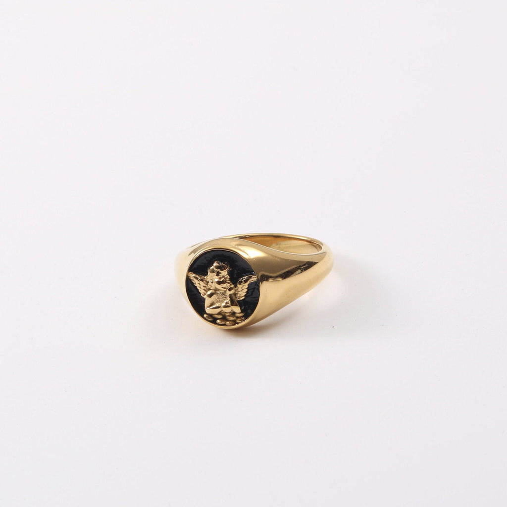 melomelo Kiki - Carved Angel Baby Black Enamel Signet Ring