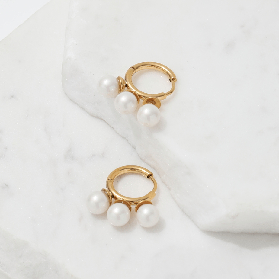 melomelo Kiril - Triple Pearl Row Gold Huggie Earrings