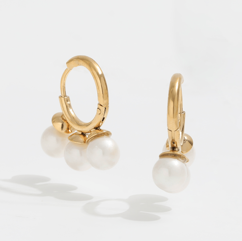 melomelo Kiril - Triple Pearl Row Gold Huggie Earrings