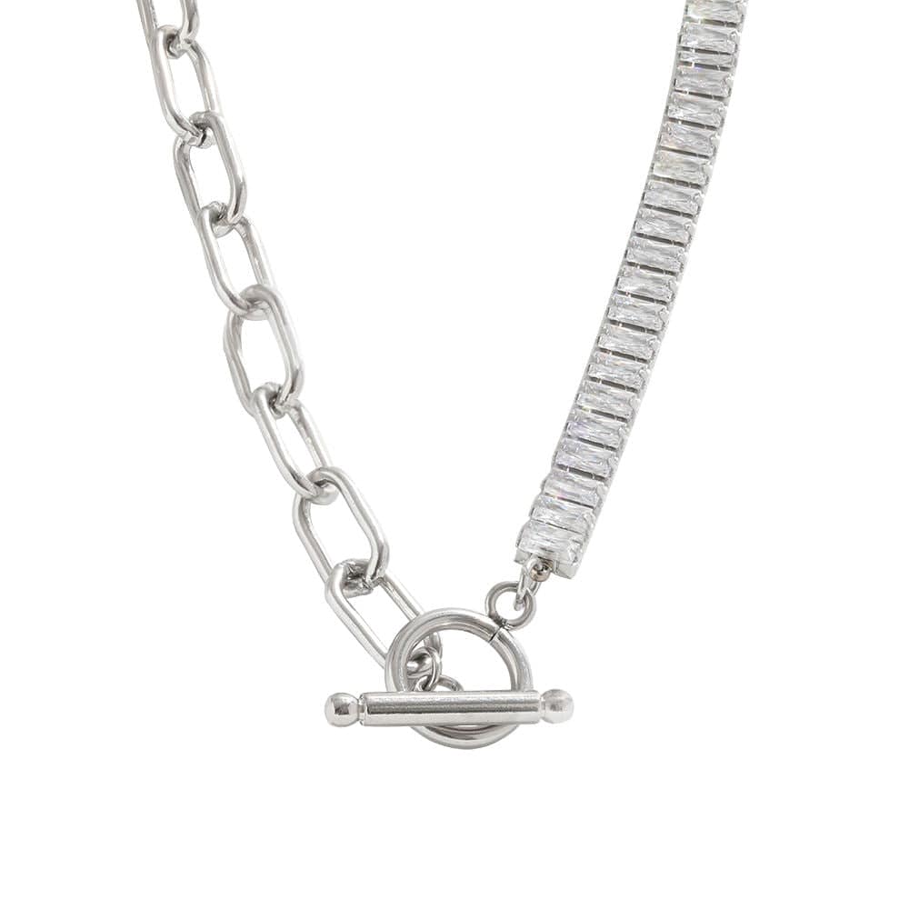 melomelo Silver Half Crystal Half Chain Toggle Necklace