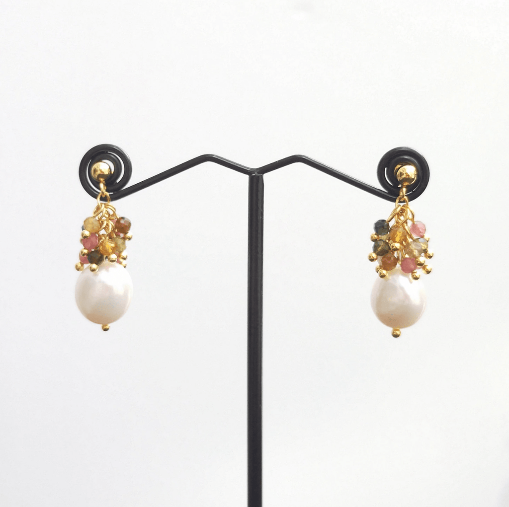 melomelo Tourmaline Cluster Freshwater Pearl Earrings