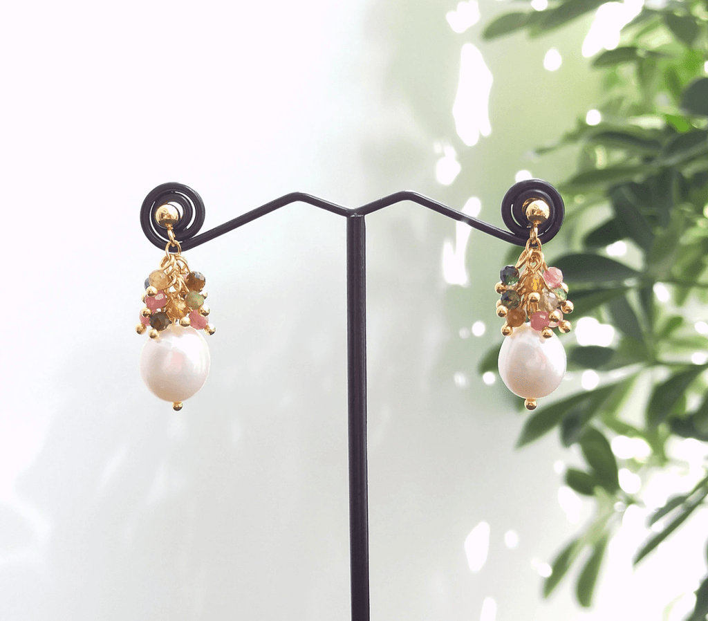 melomelo Tourmaline Cluster Freshwater Pearl Earrings