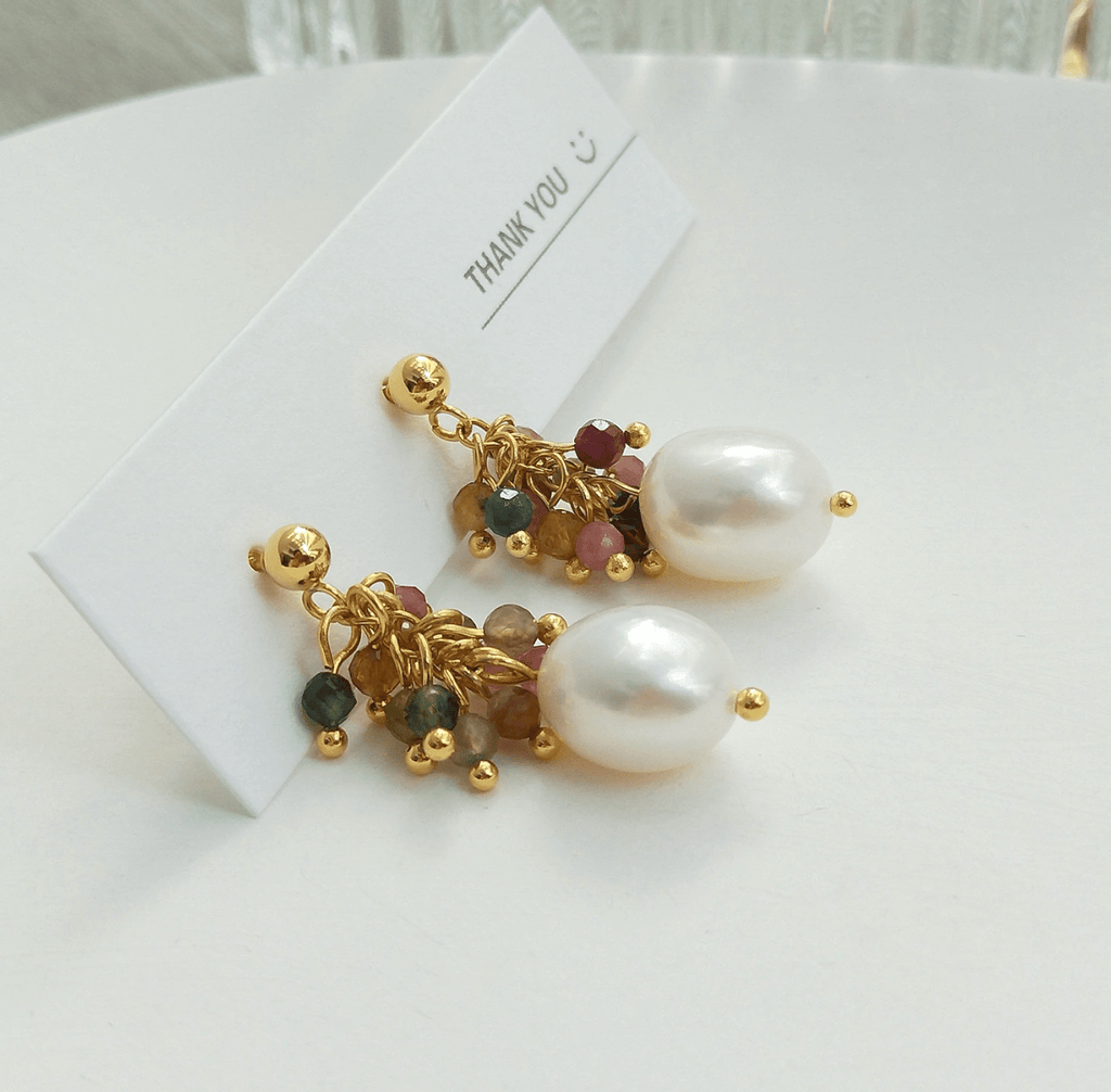 melomelo Tourmaline Cluster Freshwater Pearl Earrings