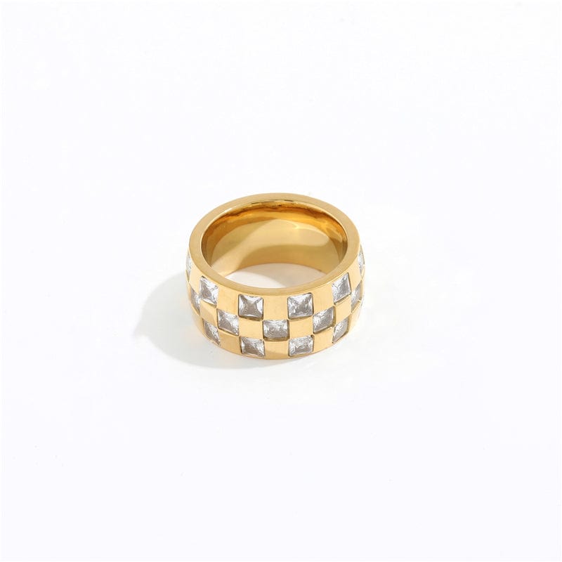 melomelo US 6 / Gold Aja - Bold Checkboard Crystal Band Ring